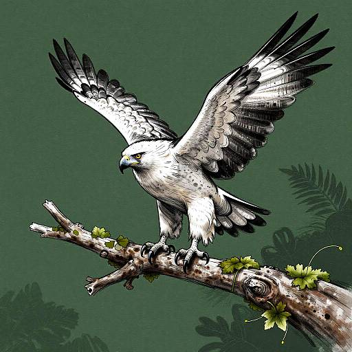 Digital illustration of a white hawk with black-tipped wings, perched on a moss-covered branch, set against a green background.