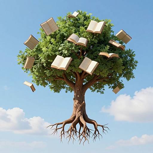 Digital illustration of a magical tree with green foliage and floating open books against a bright blue sky with white clouds.