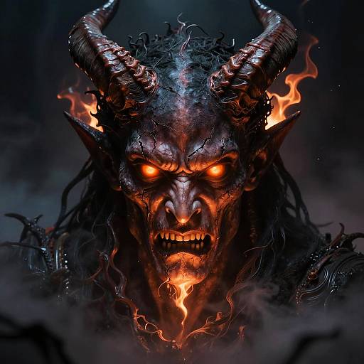 Sinister Demon Face with Fiery Horns