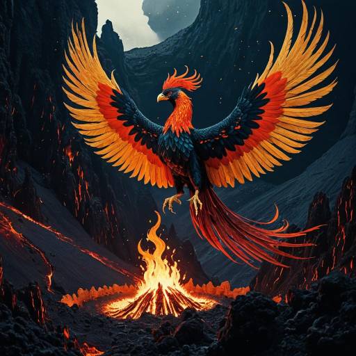 Mystical Phoenix Rising from Volcanic Crater