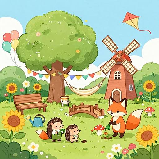Colorful cartoon of a sunny meadow with a red windmill, hammock, fox, hedgehog, sunflowers, and balloons, under a