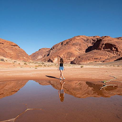 Photograph of a woman in blue shorts and black top walking in a desert with red rocky mountains, casting a reflection in a shallow water pool under a