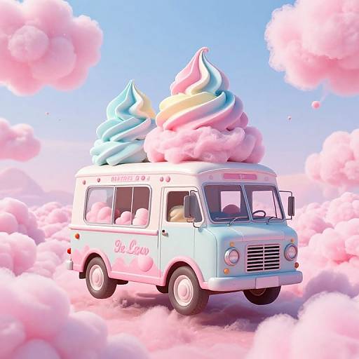 Whimsical digital illustration of a pastel blue ice cream truck with swirled pink, blue, and yellow ice cream toppings floating amid pink cotton