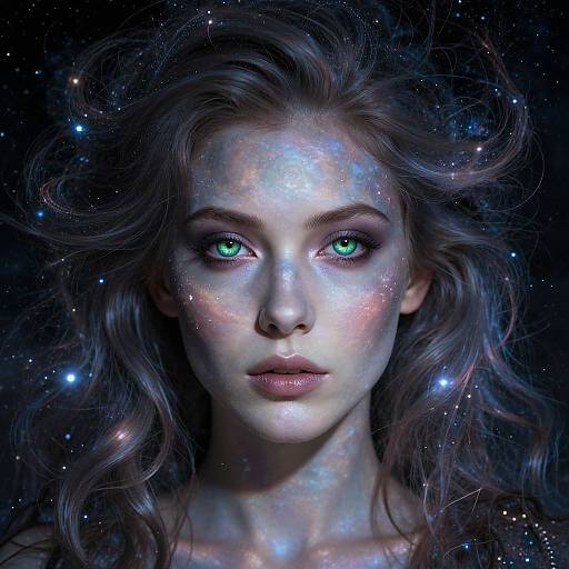 Digital artwork of a woman with glowing green eyes, starry face, and ethereal, flowing hair against a cosmic background.
