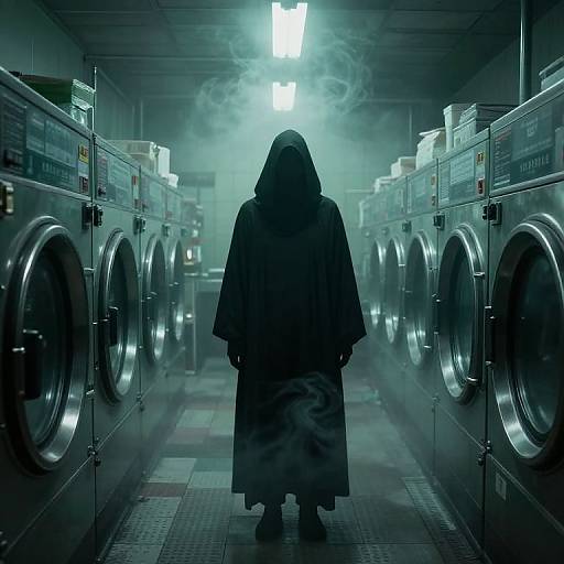 Photograph: Silhouetted hooded figure in long cloak stands center of dim, misty laundromat with rows of metal washing machines