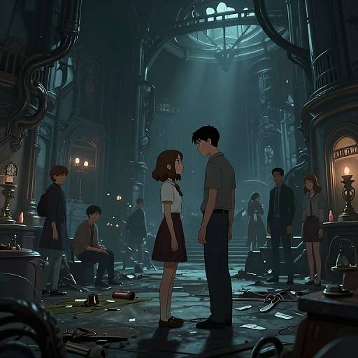 Anime-style digital illustration of a dimly-lit, futuristic cathedral with scattered debris. Central couple stands facing each other, surrounded by other students in dark