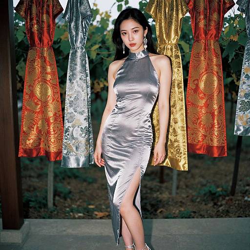 Elegant Asian Woman in Metallic Dress