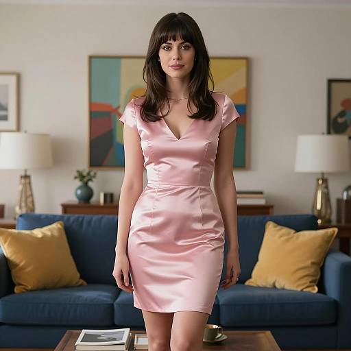 Woman in Pink Satin Dress in Living Room
