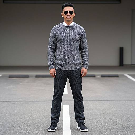 Photograph of an Asian man in a gray knit sweater, black pants, black sneakers, white collared shirt, and sunglasses, standing in an empty