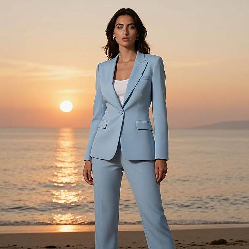 Confident Woman in Blue Suit at Sunset