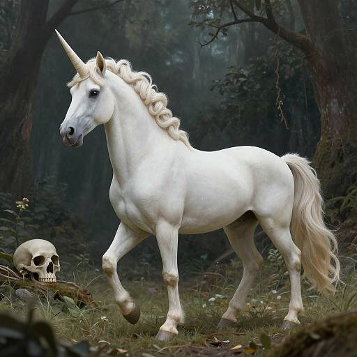 Photograph of a white unicorn with a spiraled horn, standing in a dark, misty forest, with a human skull on the grassy ground