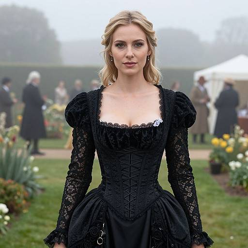 Photograph of a blonde woman in a black lace Victorian-style dress with puffed sleeves, standing in a foggy garden, surrounded by people and flowers