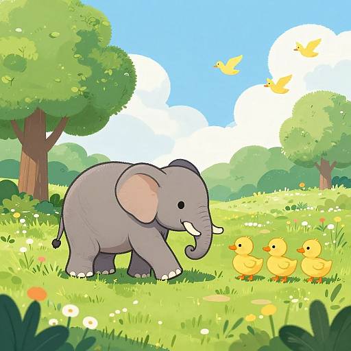 Whimsical Baby Elephant and Ducklings