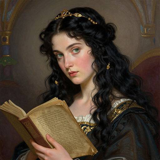 Digital painting of a fair-skinned, green-eyed woman with long, curly black hair, wearing a gold crown and black gown, reading an old book