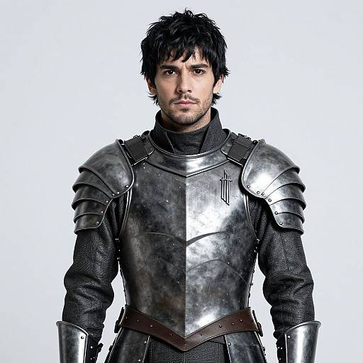 Digital painting of a serious, dark-haired man in polished silver medieval armor with black undergarments, white background, centered.