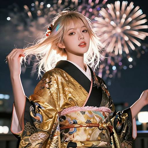 Photograph of a blonde woman with fair skin, wearing a gold and black kimono, illuminated by fireworks at night, holding her hair.
