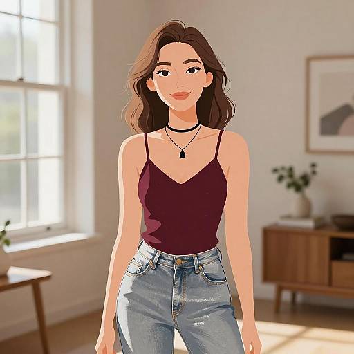 Digital illustration of a smiling woman with wavy brown hair, wearing a black spaghetti top and high-waisted blue jeans, standing in a sunlit