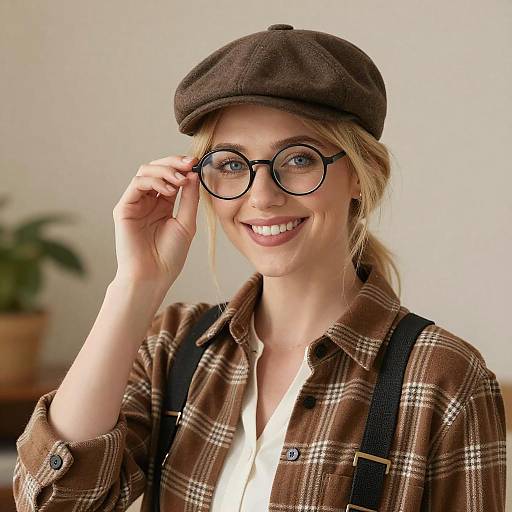 Smiling Blonde Woman in Brown Flat Cap