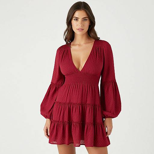 Photograph of a woman with long dark hair, wearing a deep red, V-neck, long-sleeve, tiered dress with ruffled details