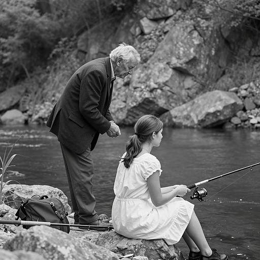 Elderly Man and Young Woman Fishing by River