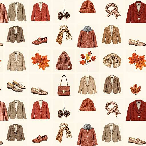 Illustrated pattern of autumn clothing: red and beige blazers, scarves, hats, shoes, handbags, and autumn leaves, arranged in rows
