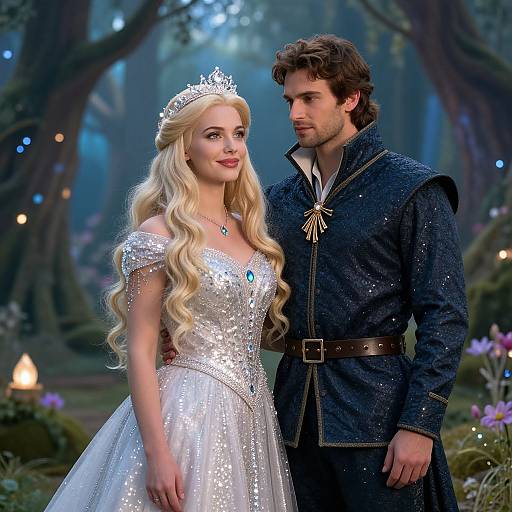 Photograph-style digital image of a fairytale couple: blonde princess in silver dress and tiara, dark-haired prince in navy coat, standing in