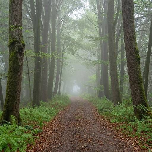 Photograph of a misty forest path lined with tall trees, ferns, and fallen leaves, fading into a foggy distance.