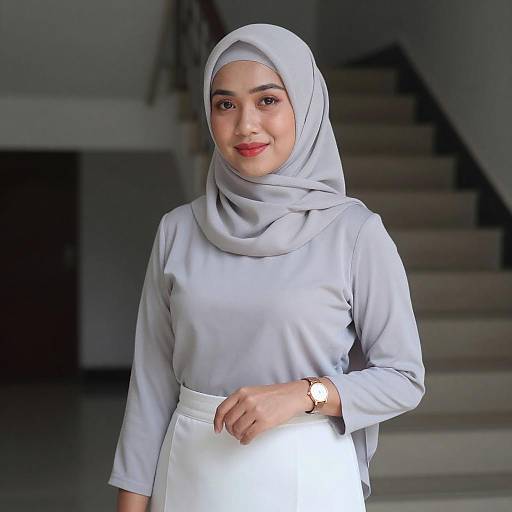 Asian Woman in Light Gray Hijab and White Skirt Indoors