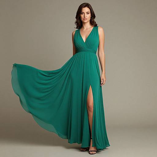 Photograph of a dark-haired woman in a flowing, teal, sleeveless V-neck gown with a high thigh slit, standing against a gray background.