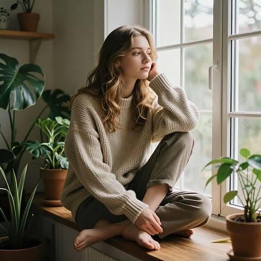 Photograph of a young woman with wavy brown hair, wearing a beige knit sweater and brown pants, sitting barefoot on a windowsill, surrounded