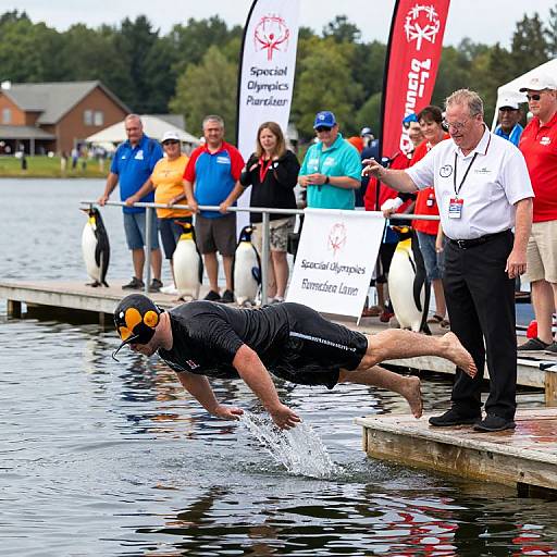 Photograph of a male triathlete in black wetsuit, goggles, and swim cap, diving from dock into lake, with officials and spectators in