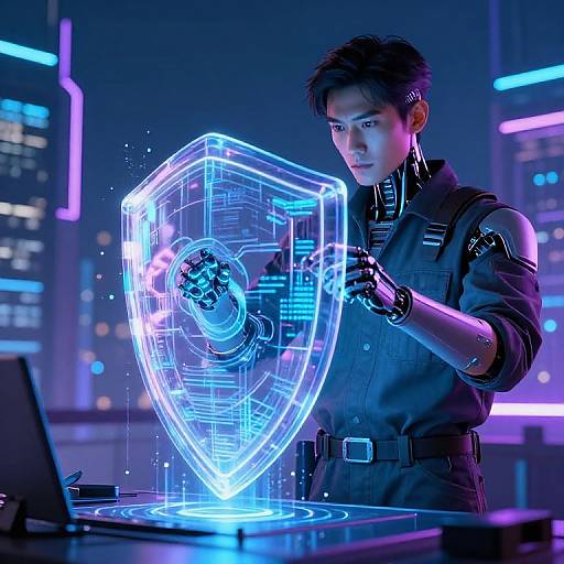 Cybernetic Engineer Crafting Holographic Shield