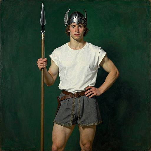 Photograph of muscular young man in white tunic, dark shorts, metal helmet, holding spear, standing against dark green backdrop.