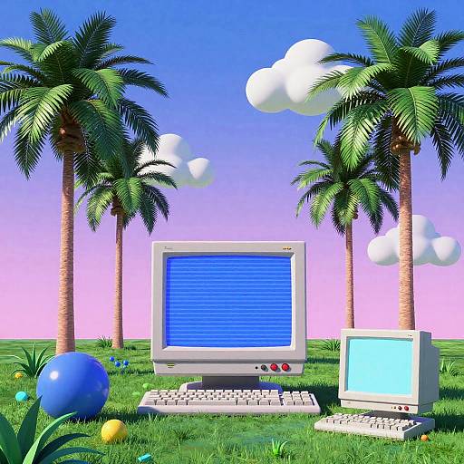 Photorealistic digital image of a vintage computer setup with palm trees, blue ball, and colorful flowers against a pink-blue gradient sky.