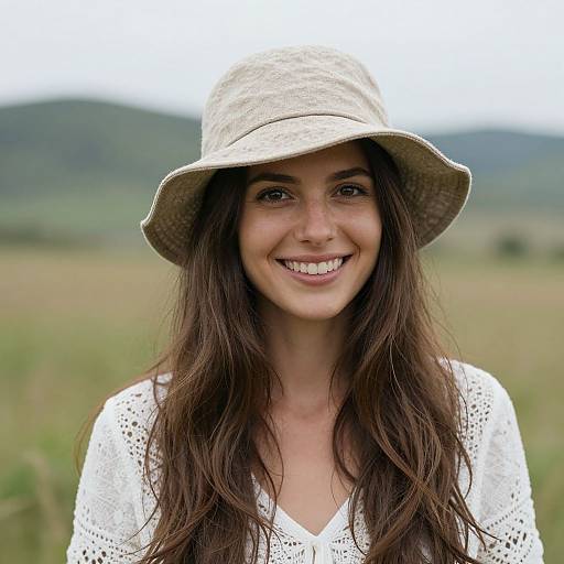 Photograph of a smiling young woman with long brown hair, wearing a white lace top and beige sunhat, against a blurred, green, mountainous
