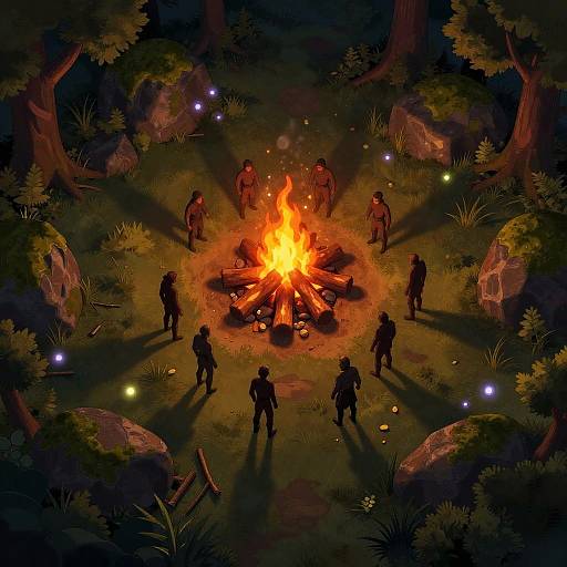Digital illustration of a nighttime forest campfire surrounded by silhouetted figures, glowing fire, and scattered bioluminescent lights among rocks and trees