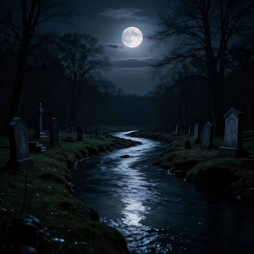 Gothic Night River with Tombstones