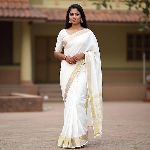 Photograph of a young Indian woman with dark hair, wearing a white and gold traditional saree, standing confidently outdoors in front of a yellow building with