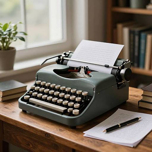 Photograph of a vintage green typewriter on a wooden desk, with paper, pen, and books in a sunlit room.