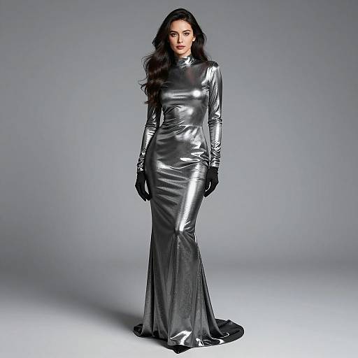Elegant Woman in Shiny Silver Gown