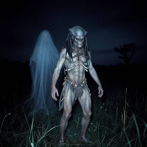CGI image of a muscular, pale-skinned, dreadlocked humanoid with tribal loincloth, standing in dark field under blue moonlight, with