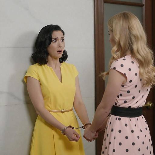 Shocked Woman Handcuffed at Marble Wall