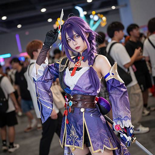 Photograph of a purple-haired anime cosplayer in a detailed, ornate blue and white outfit with gold accents, black gloves, and colorful gemstones