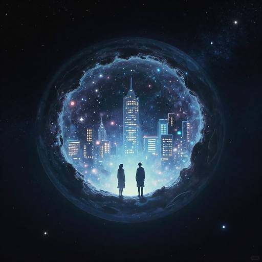 Digital art: Silhouetted couple stands at the edge of a glowing, cityscape-filled cosmic portal against a starry, dark night sky.