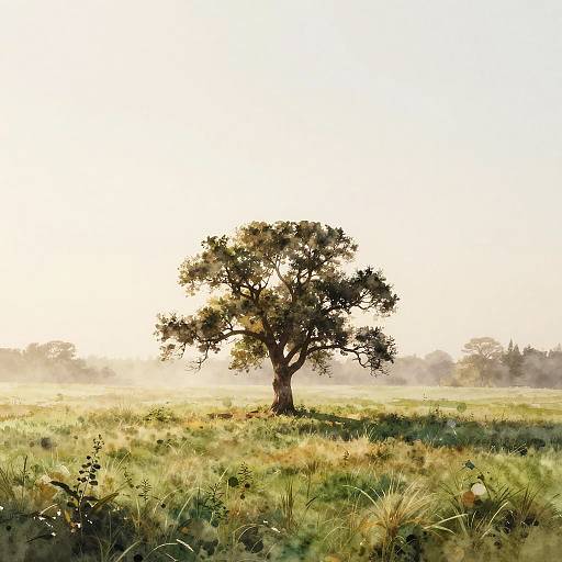 Photograph of a solitary, leafy tree centered in a sunlit, grassy meadow with a hazy, bright background and subtle morning mist