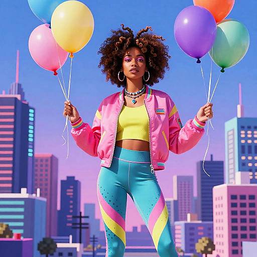 Photorealistic digital art of a Black woman with curly afro, holding colorful balloons in a vibrant cityscape, wearing pink jacket, yellow crop top