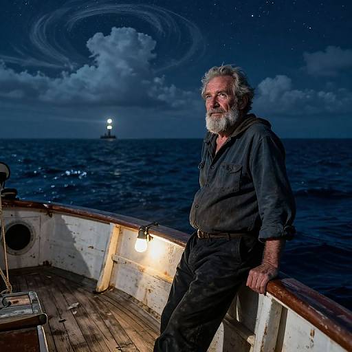 Photograph of an older bearded man in a dark shirt, leaning on a wooden boat at night, with a glowing light and swirling clouds in the