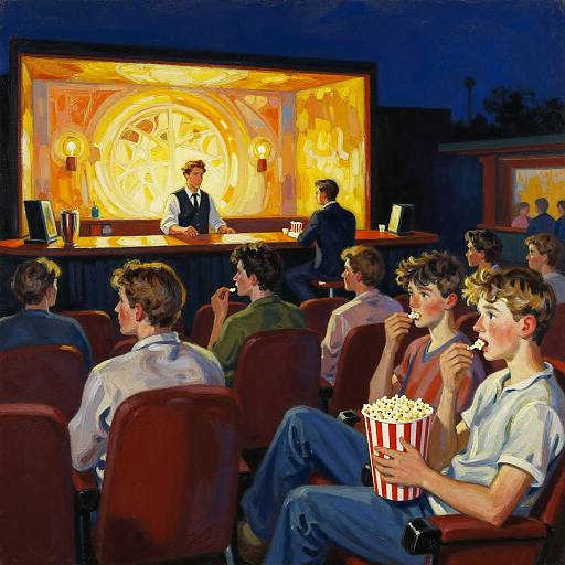 Colorful retro-style painting of a movie theater: teenagers in seats, holding popcorn, watching a presenter at a brightly lit projector.