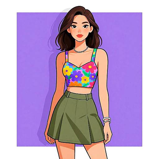 Digital illustration of a young woman with fair skin, dark brown hair, wearing a colorful floral crop top and green skirt, against a purple background.