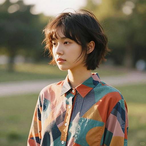 Photograph of an Asian woman with short, dark hair, wearing a colorful, patterned button-up shirt, standing outdoors in a sunlit park.